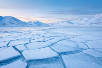 Majestic frozen landscape with snowy mountains and cracked ice. Backdrop with copy space for inscription
