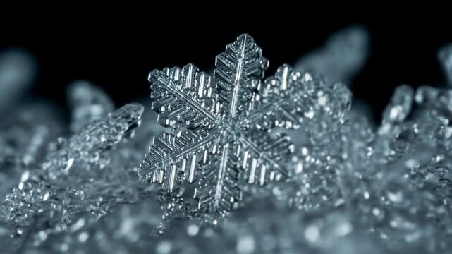 A macro shot captures a perfectly formed snowflake, its intricate crystalline structure visible against a dark background. Surrounding ice crystals add further texture