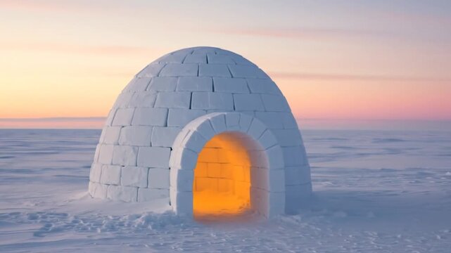 A pristine white igloo, constructed from ice blocks, stands on a snowy plain under a pastel sunset. The entrance glows warmly