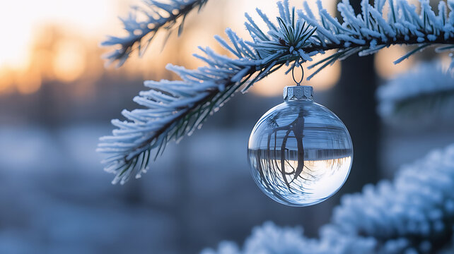 Macro shot of a single handcrafted glass ornament hanging on a frost covered branch with shallow depth of field and soft bokeh background creating an elegant winter scene with an editorial luxury tone