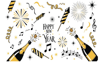 Happy New Year celebration with exploding champagne bottles and festive fireworks, musical notes