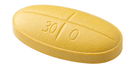 A single yellow oval pill with the imprint 300, isolated on transparent background