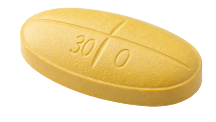 A single yellow oval pill with the imprint 300, isolated on transparent background