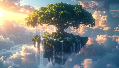 Dreamlike fantasy landscape with waterfalls in sky high resolution photo