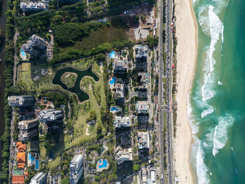 Beautiful aerial view to residential buildings and golf course