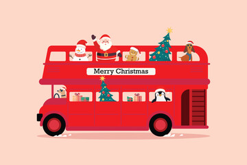 Christmas Cute Santa Claus and Snowman on London bus