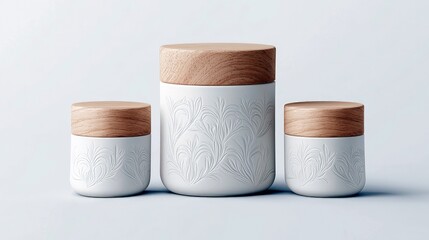 Three decorative ceramic jars with wooden lids and embossed floral designs are displayed in different sizes on a plain light blue background.