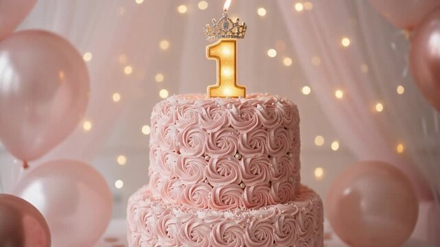 A pink rosette-covered birthday cake topped with a golden number one candle stands surrounded by balloons and soft glowing lights.