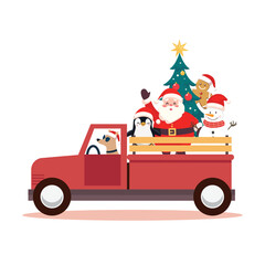 Cute Santa Claus and Snowman on the Red Truck isolated on white background