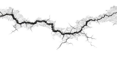 black crack in wall, broken texture isolated on white or transparent png