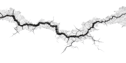 black crack in wall, broken texture isolated on white or transparent png