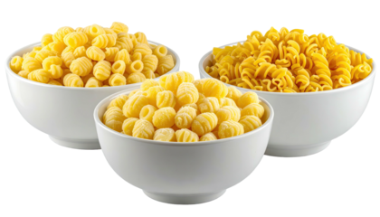 Three bowls of different shapes of pasta, isolated view