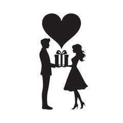 Couple exchanging a gift silhouette