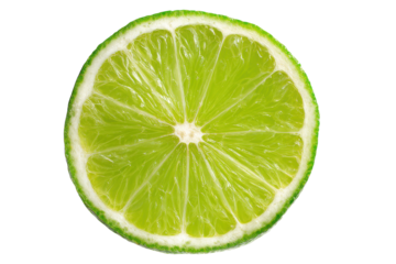 Close up of a vibrant green lime slice with white pith and black background citrus fruit, Isolated On Transparent Background, Png Cut Out