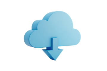 3d blue cloud with download symbol arrow isolated on white or transparent png