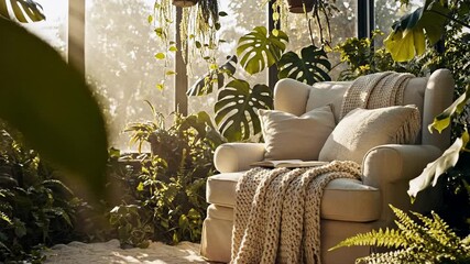 Cozy armchair surrounded by lush greenery, a sunlit corner perfect for relaxation, earthy tones with a touch of bohemian flair