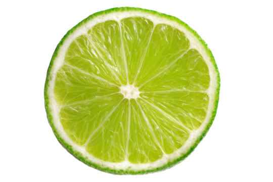 Close up of a vibrant green lime slice with white pith and black background citrus fruit, Isolated On Transparent Background, Png Cut Out