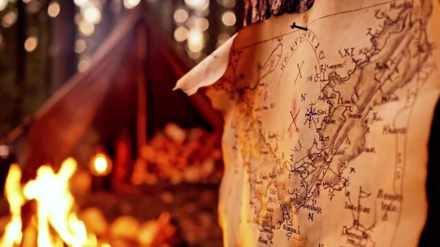 A weathered map pinned to a tree reveals a camp scene with a tent, fire, and forest ambiance