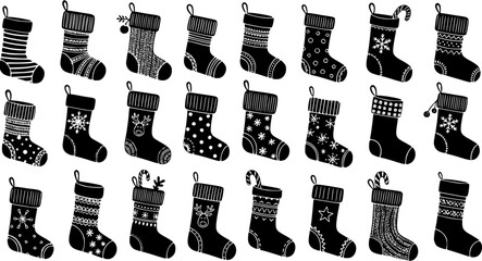 Set of Black and White Christmas Stockings with Diverse Festive Patterns: Snowflakes, Deer, Stripes, Dots, and More Holiday Socks Icons