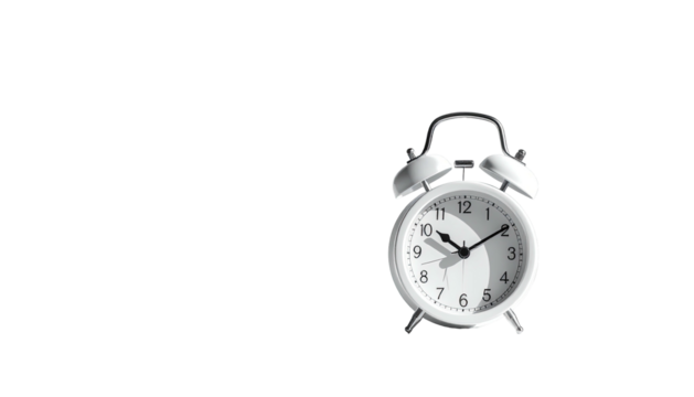 Shiny white alarm clock, minimal, on black