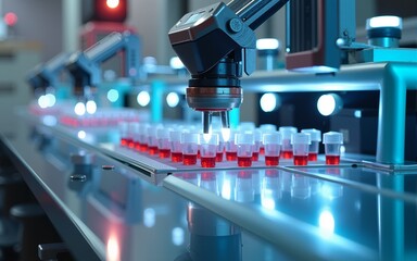 A high-tech blood analysis laboratory with automated robotic machines processing multiple samples simultaneously. High quality