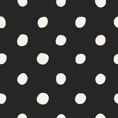 Polka dot pattern. Seamless black and white background, endless repeating print for wrapping, textile, fabric design. Hand-drawn doodle circles, spots, printable texture. Flat vector illustration