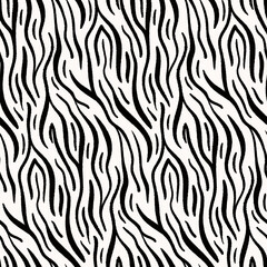 Seamless abstract pattern of zebra striped texture. Animal skin print in two colors. Simple repeat design of black textured stripes on white background. Grunge African motif tile. Vector illustration.