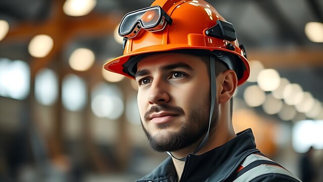 An industrial engineer in a safety helmet, portrayed in a factory setting with a soft background.