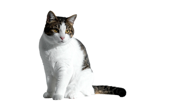 Alert, seated feline; white and grey patched tabby in sunlight