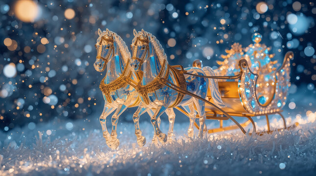 Happy New Year 2026. Symbol of the year. Horses pulling a sleigh with Santa Claus. A luxurious poster or banner for a party and New Year's Eve.