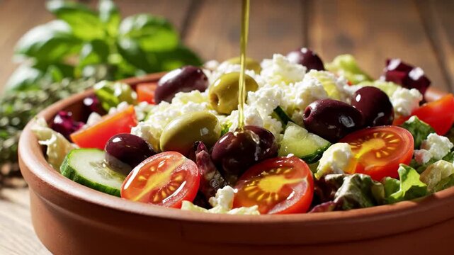 Vibrant Greek salad with olives and feta cheese, fresh ingredients exuding Mediterranean flavors, ideal for a summer gathering or healthy meal inspiration