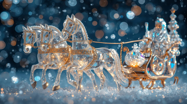 Happy New Year 2026. Symbol of the year. Horses pulling a sleigh with Santa Claus. A luxurious poster or banner for a party and New Year's Eve.