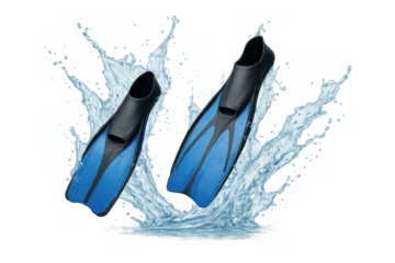 Blue swimming fins splashing in water, representing diving, snorkeling, and aquatic recreation on transparent background