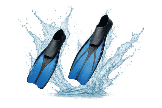 Blue swimming fins splashing in water, representing diving, snorkeling, and aquatic recreation on transparent background