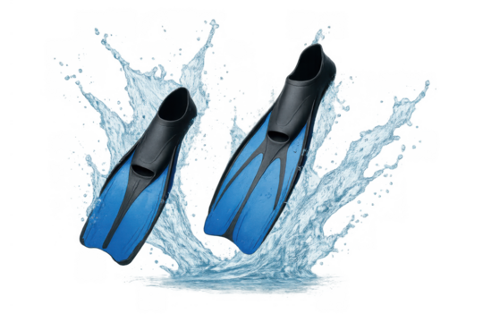 Blue swimming fins splashing in water, representing diving, snorkeling, and aquatic recreation on transparent background