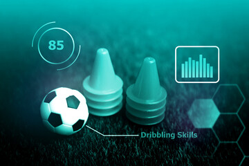Soccer training for ball control and dribbling skills development; Soccer coaching concept.