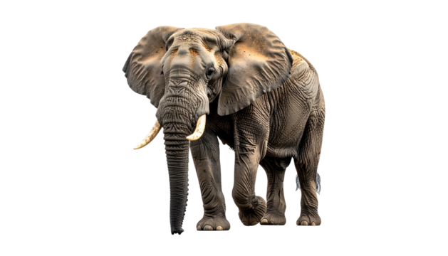 Elephant stands isolated with large ears and prominent tusks