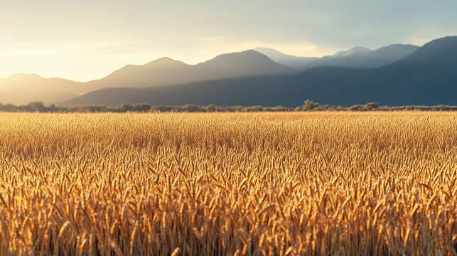 A beautiful landscape of an oat farm at golden hour, with rolling hills of ripe oats, the soft light reflecting off the grain, and distant mountains.
