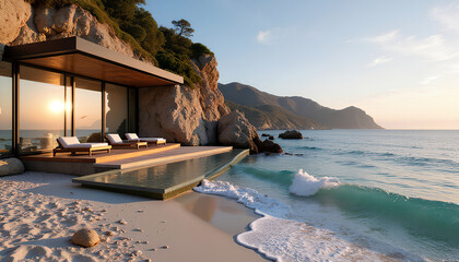 Modern villa overlooking a serene ocean and sandy beach at sunrise