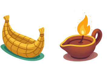 Traditional ancient woven reed boat and burning clay oil lamp representing historical artifacts
