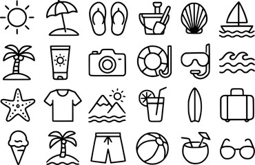 24 Minimalist icons, beach theme, outline version