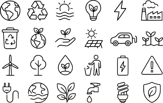 24 Minimalist icons, environmental theme, outline version