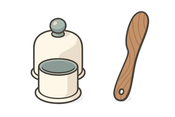 Traditional butter dish with cloche cover and wooden spreader knife for kitchenware