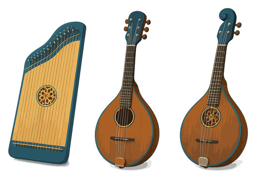 Three traditional string instruments including a zither and two mandolins with blue accents