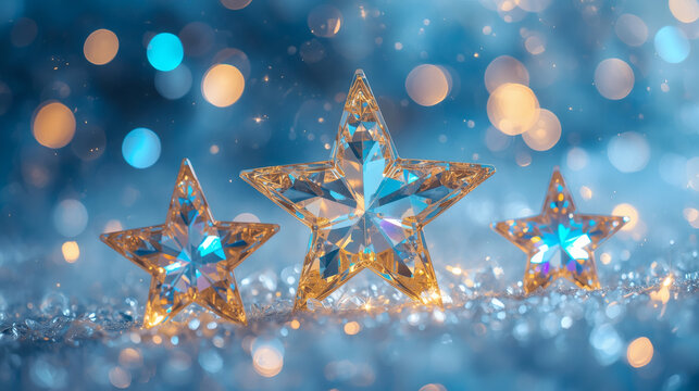 2026 banner. Shiny gold, ice stars and beautiful bokeh on a blue background. Happy New Year and Merry Christmas.