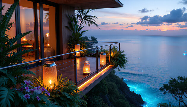 A serene balcony overlooks the ocean at dusk with glowing lanterns