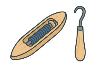 Traditional wooden weaving shuttle with thread bobbin and a separate hook tool for textile production