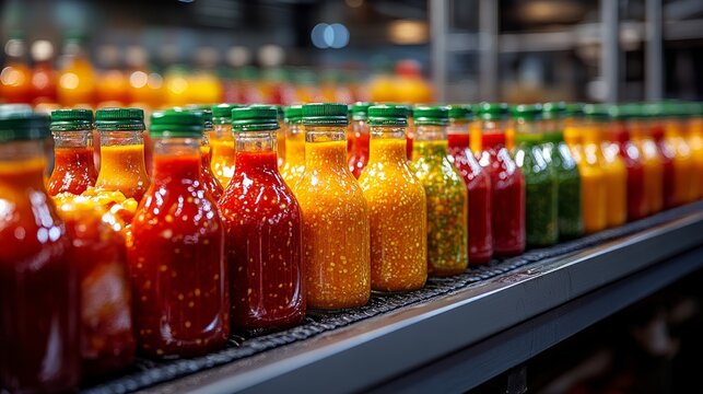 A vibrant array of sauces in glass bottles showcases the rich diversity of culinary flavors - Powered by Adobe