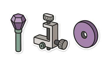 Collection of stylized mechanical parts, grinding wheel, clamp, and purple crystal