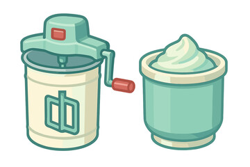 Vintage hand-crank ice cream maker and container of freshly churned frozen dessert